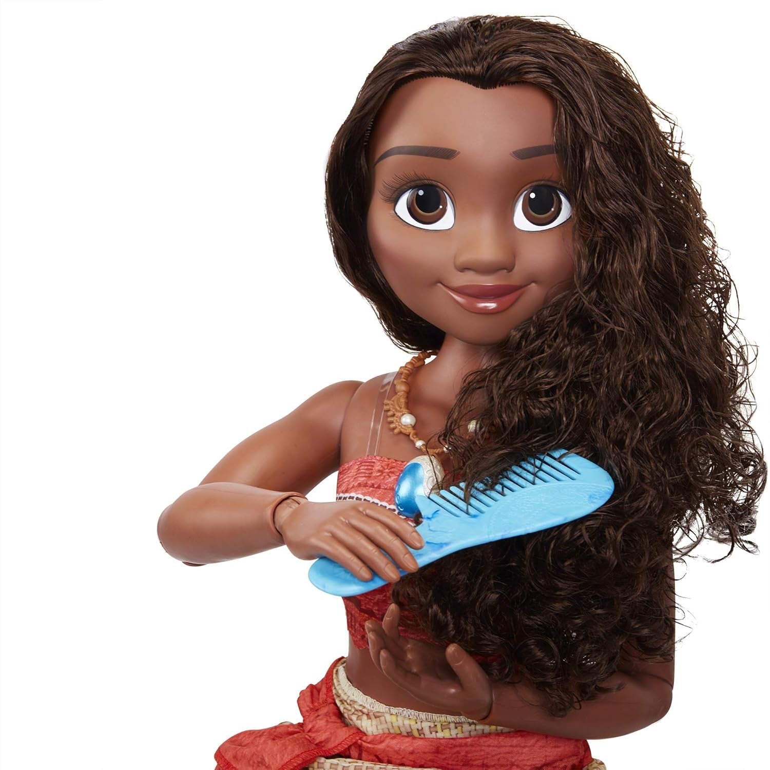 Disney Prinzessin Moana, 80 cm große Spielpuppe von Jakks Pacific, bewegliche Puppe mit Bürste zum Kämmen ihrer gewellten Locken, vom Film inspiriertes Kleid, abnehmbare Anhänger-Halskette, Puppen, Naty Shop