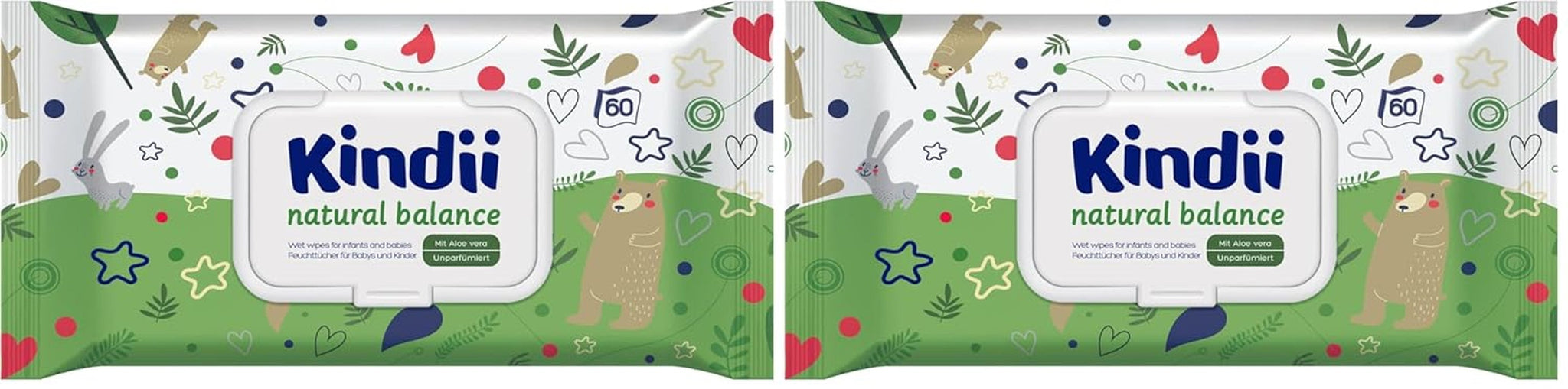 Kindii Natural Balance Feuchttücher für Babys – (1 x 60 Stk.) Feuchttücher für Babys und Kinder – Schützend, Aloe Vera, zarter Duft – 60 Stk.