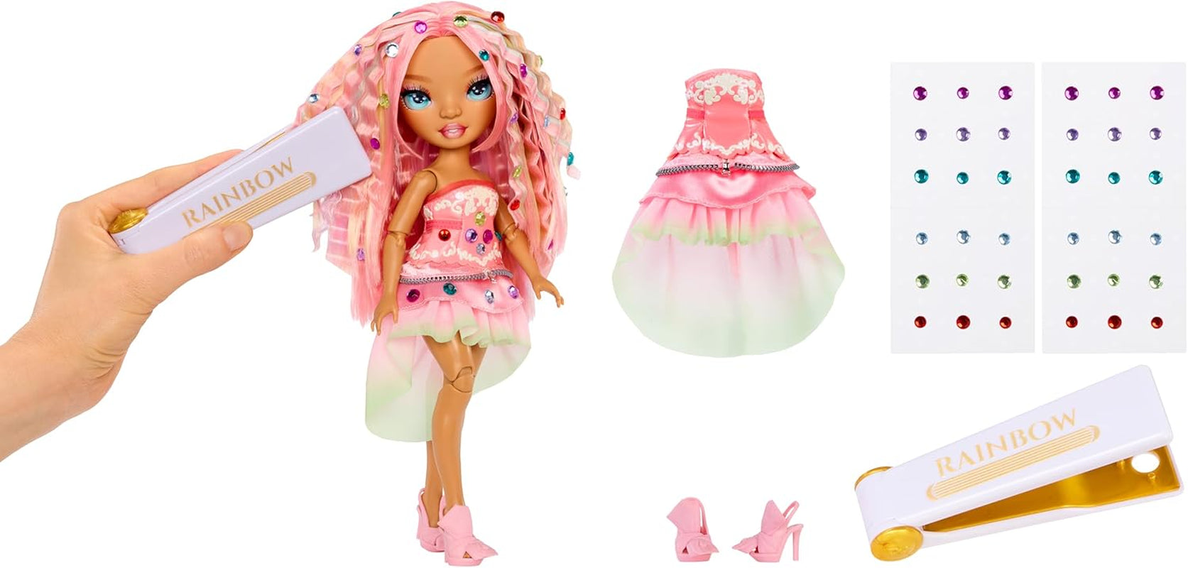 Rainbow High Be Dazzling – Adeline Rose – 28 cm große rosa Modepuppe mit Dekorationswerkzeug, funkelnden Edelsteinen und Styling-Zubehör