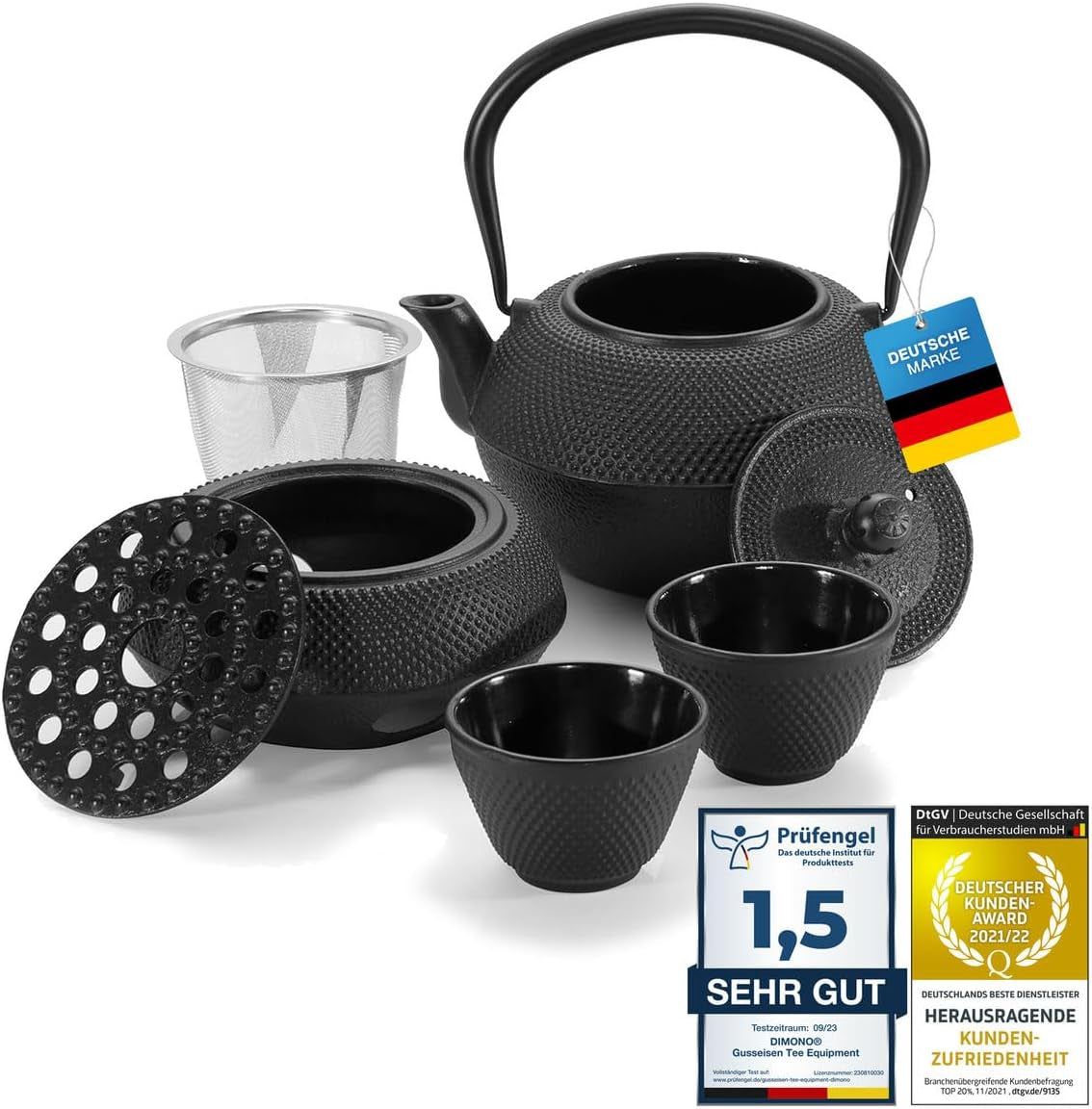 Dimono traditionelles Teeservice aus Gusseisen: Teekanne, Stövchen und 2 Teetassen