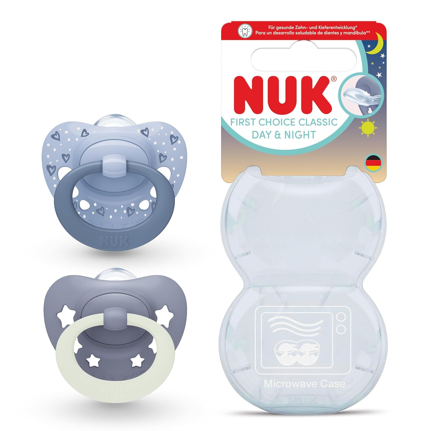 NUK First Choice Classic Tag- und Nachtschnuller für Babys | 6-18 Monate | Kieferorthopädische Schnuller, die im Dunkeln leuchten | 95 % Akzeptanz bei Babys** | Blau | 2 Stück