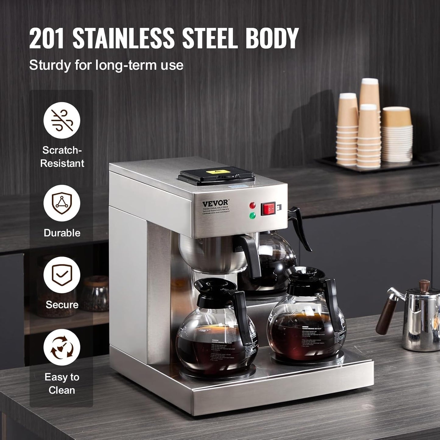 VEVOR Kommerzieller 12-Tassen-Filter-Espressokocher mit 3 Glaskaraffen und 3 Heizplatten, Edelstahl-Espressomaschine mit automatischer Wasserversorgung für Restaurant, Büro, Café