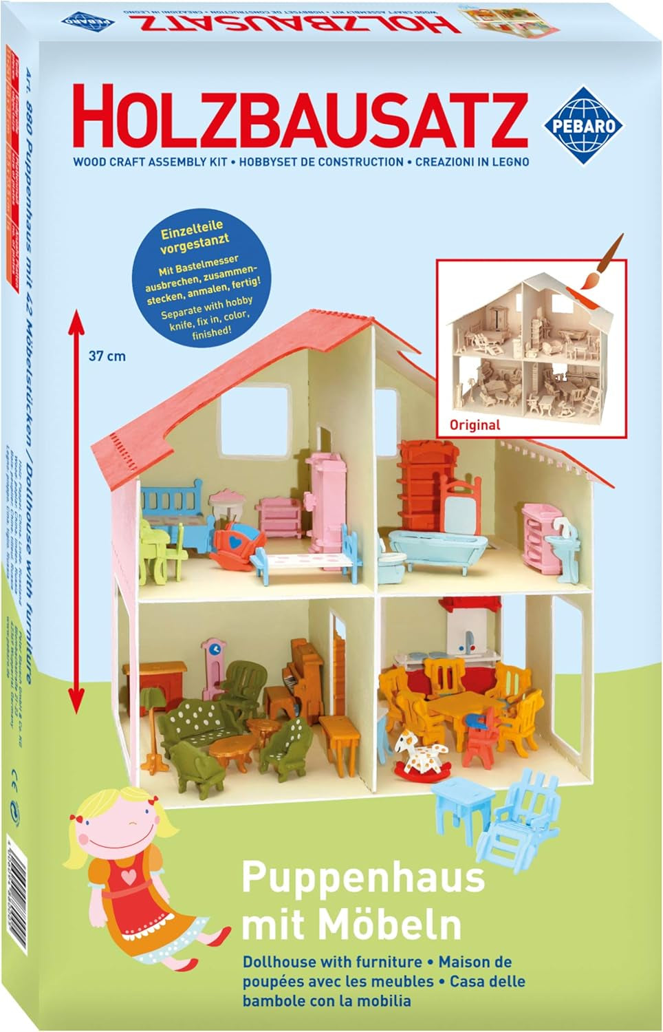 Pebaro Donau Elektronik _M880 3D-Puzzle-Puppenhaus mit Möbeln, 30 x 30 x 30 cm, Natur