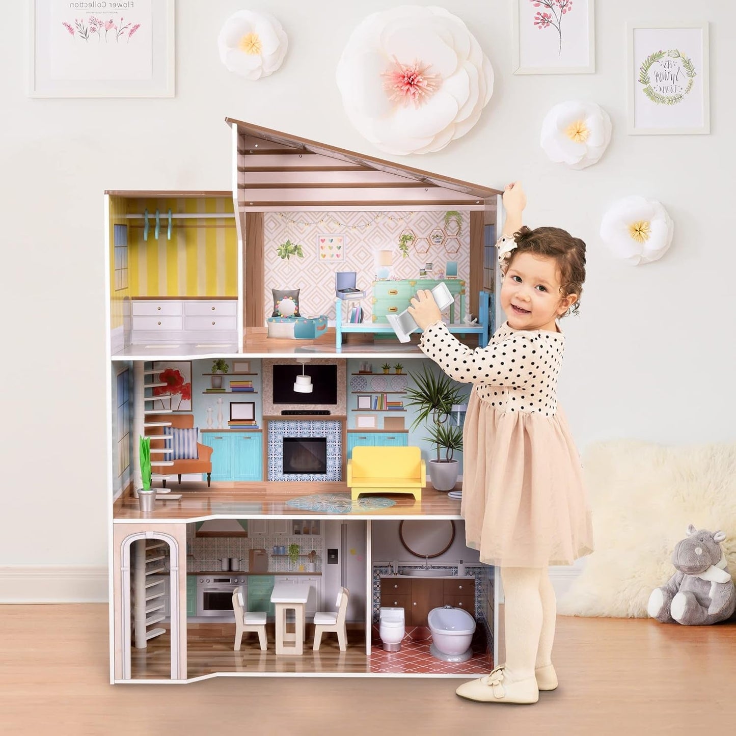 Olivia's Little World Modernes, dreistöckiges interaktives Puppenhaus aus Holz im mediterranen Stil für Kinder mit 17 Puppenmöbelzubehör, mehrfarbig, TD-13551B