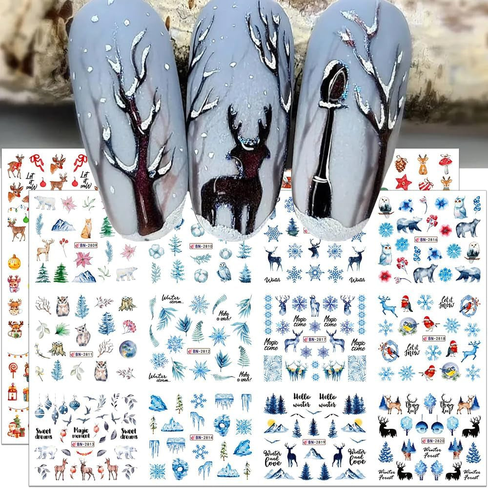 3D-Weihnachts-Nagelaufkleber, selbstklebend, Wassertransfer, Weihnachtsbaum, Schneeflocke, Elch, Pinguin, Weihnachts-Nagelkunst, Winter-Nageldesign, Weihnachtsaufkleber, Nagelzubehör