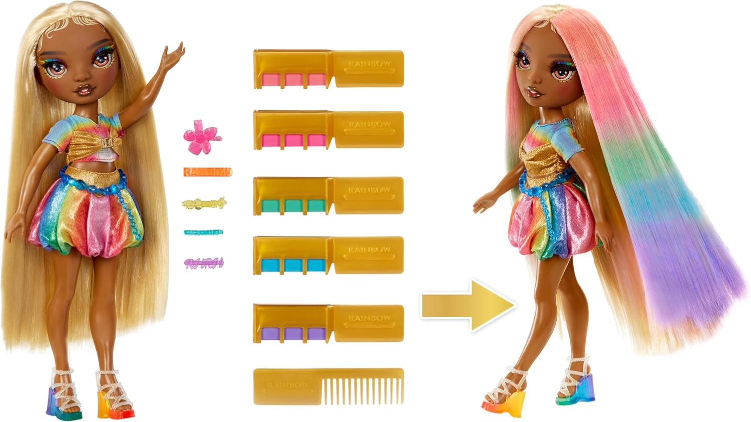 Rainbow High Haarkreide- und Styling-Puppe – Meline – 28 cm große waschbare Haarkreidepuppe in Regenbogen- und Goldtönen, zum Färben, Stylen, Spielen, Ausspülen und Wiederholen, für Kinder im Alter von 4–12 Jahren