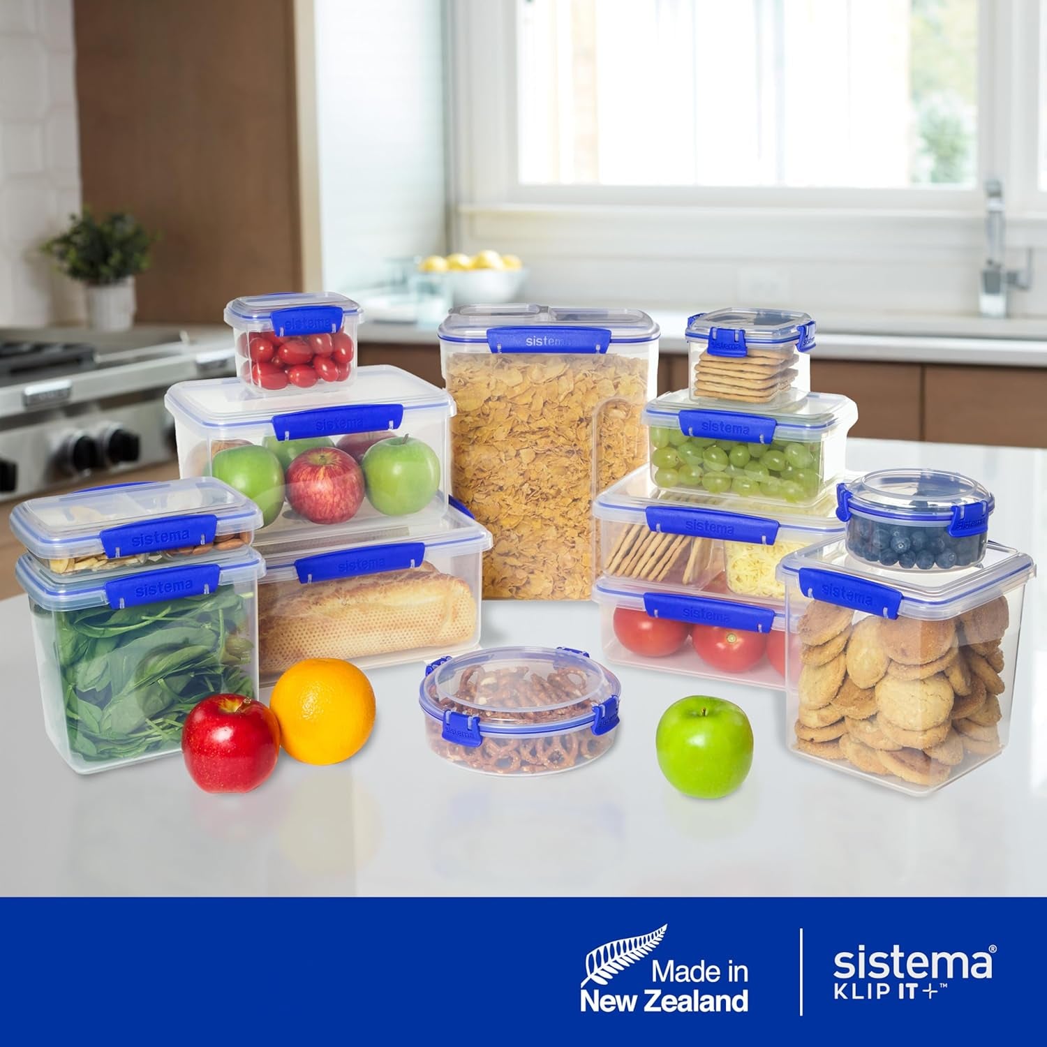 Glas zur Aufbewahrung von Lebensmitteln KLIP IT System | 9,67 l | stapelbares und luftdichtes Vorratsglas mit Deckel, geeignet für Kühl-/Gefrierschrank | BPA-freier Kunststoff | blaue Klammern | 1 Stück (4er-Pack) Naty Shop Lebensmittelaufbewahrungsboxen