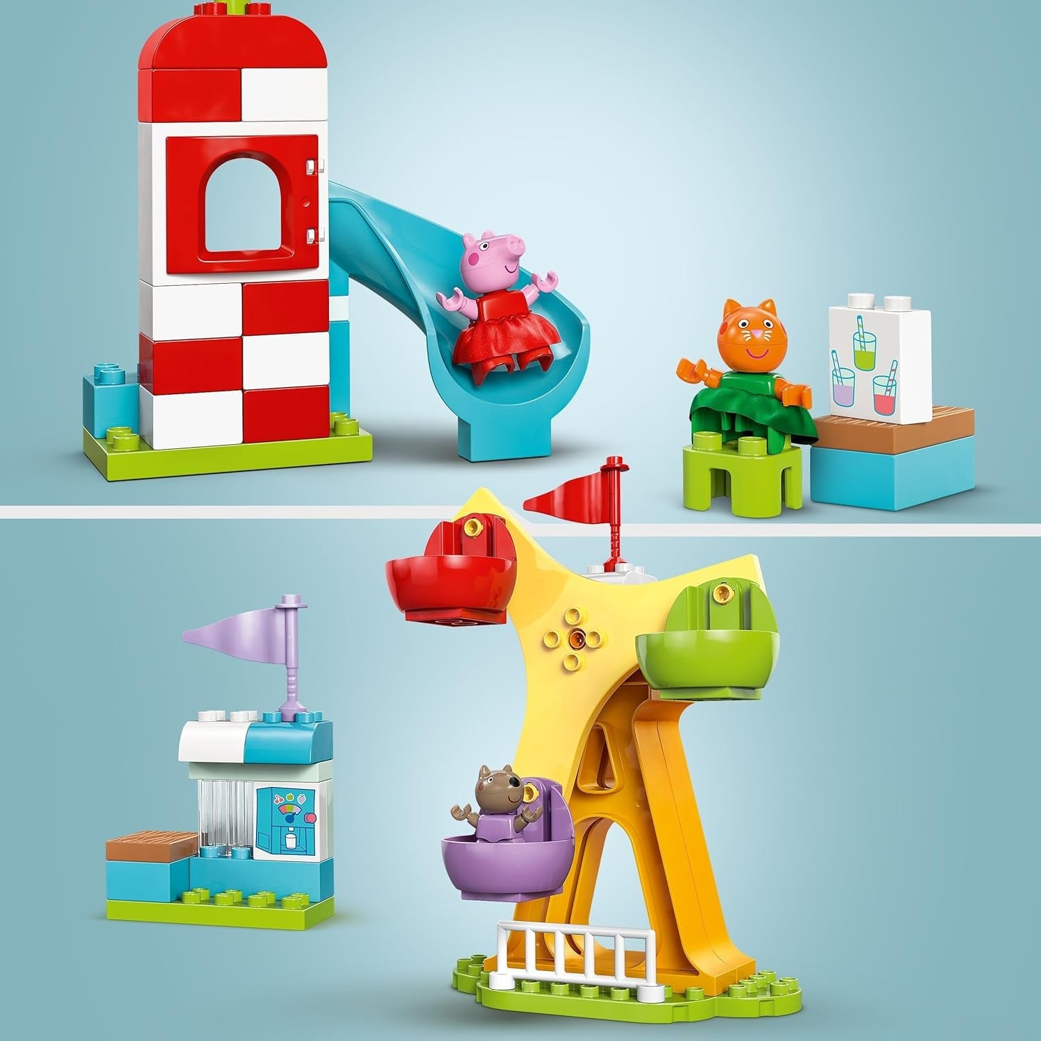 LEGO DUPLO Peppa Wutz Kirmes – Kinderspielzeug und Motorikspielzeug ab 2 Jahren – Vorschulspiele mit Riesenrad, Rutsche und 3 Figuren inklusive Mollie Kitty und Klausi Kläff – Geschenk für Kinder 10453 Bausets Besuchen Sie den LEGO-Store
