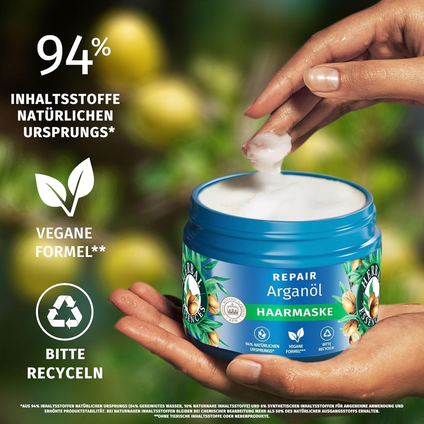 Herbal Essences Haarreparaturmaske mit Arganöl 300 ml. Von geschädigtem Haar bis hin zu glatterem und glänzenderem Haar. Intensivpflege. Mit Inhaltsstoffen natürlichen Ursprungs. Vegane Haarmaske von Naty Shop
