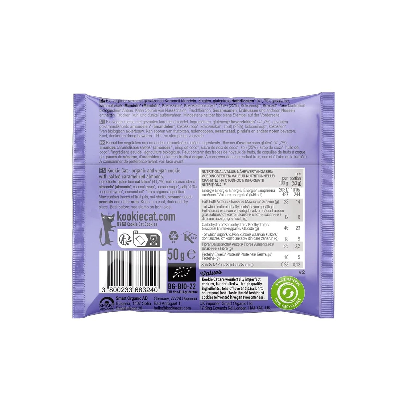 Vegane gesalzene Karamell-Mandelkekse – einzeln verpackt, glutenfrei, sojafrei, Bio-Mandelhaferflocken – 12 x 50 g Multipack (2er-Pack)