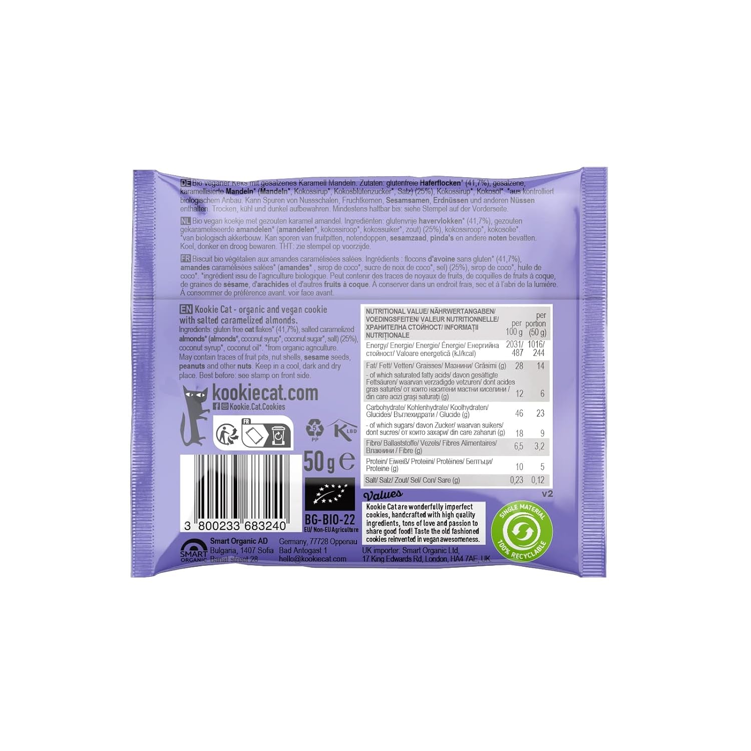 Vegane gesalzene Karamell-Mandelkekse – einzeln verpackt, glutenfrei, sojafrei, Bio-Mandelhaferflocken – 12 x 50 g Multipack (2er-Pack)