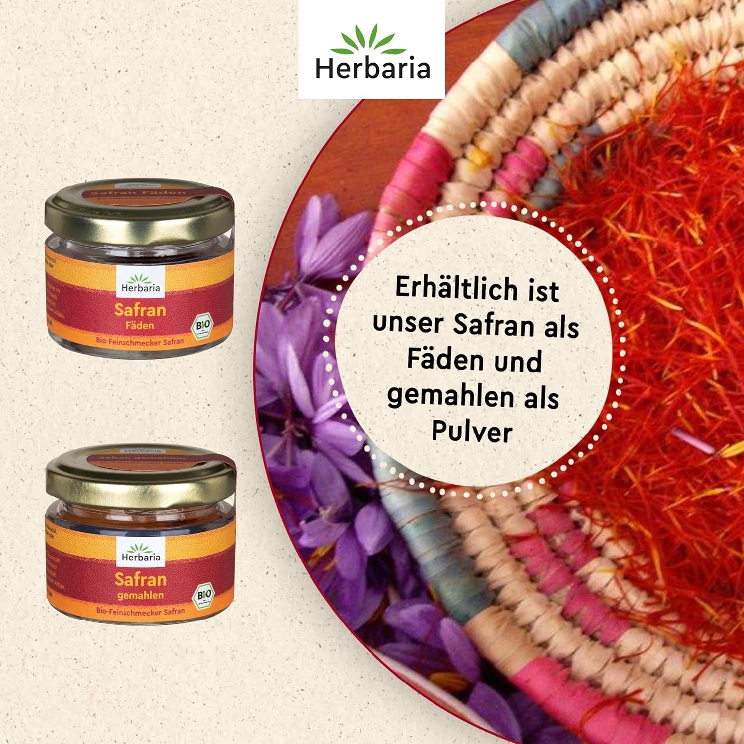 Herbaria Safran-Fäden bio 0,5g im Glas – Bio Saffron-Fäden aus dem bereicht Safran-Ort Taliouine in Marokko – Safranfäden in Premium Bio-Qualität – Saffron Premium - Safran première catégorie