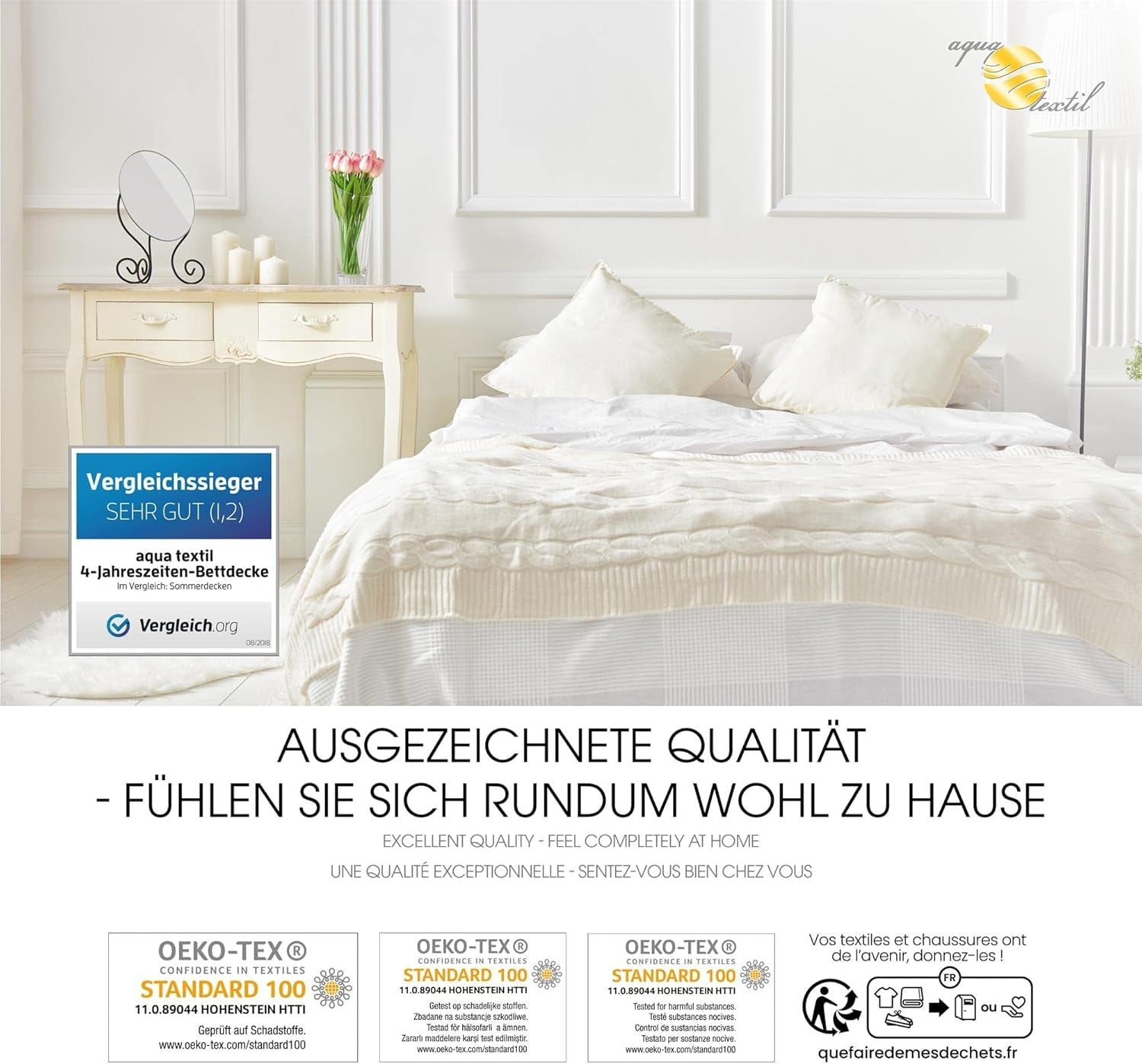 Aqua-Textil 4-Jahreszeiten-Steppdecke 135 x 200 cm, zusammengeknüpfte Decken, Winter 800 g, Sommer 600 g, Klimaregulierung, Öko-Tex, Bettdecken und Steppdecken, Naty Shop