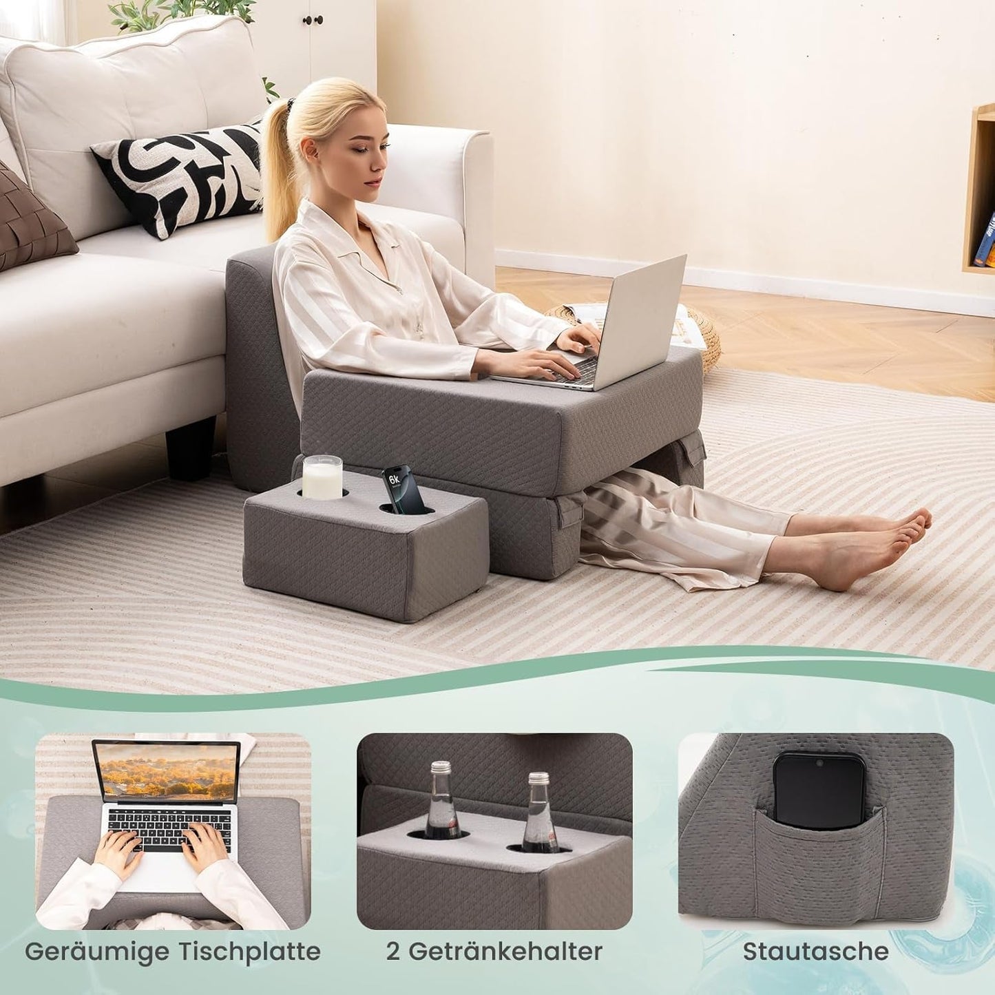 Lesekissen für Bett und Sofa, Bücherkissen, frei kombinierbar mit Getränkehalter und waschbarem Bezug, verstellbares Laptop-Schreibtischkissen zum Lesen, Spielen, Arbeiten, Schreiben (Grau)