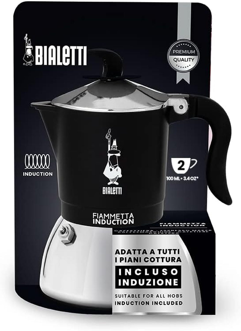 Bialetti Fiammetta Induktionskaffeemaschine, 2 Tassen (100 ml), für alle Herdarten geeignet, elegantes Design, schwarz