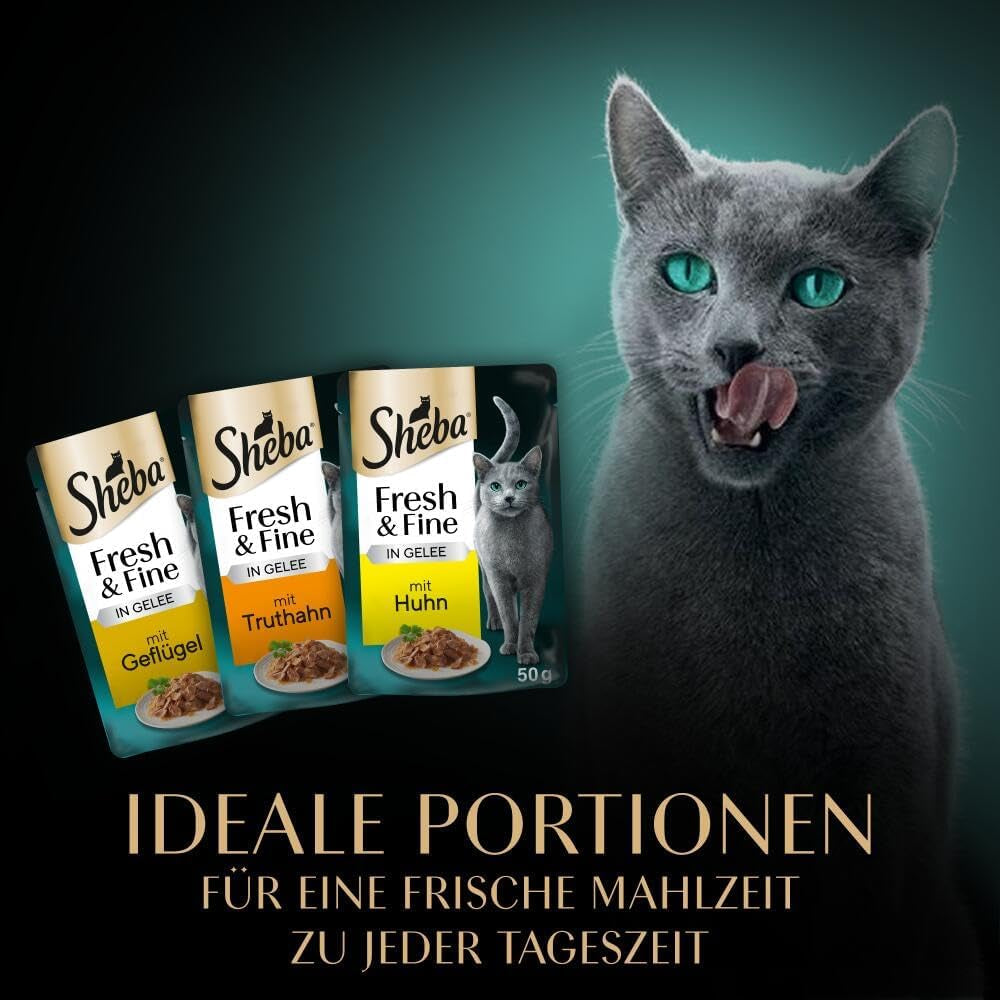 Sheba Portionsbeutel Nassfutter für Katzen, frisches und feines Truthahn- und Hühnergelee, Multipack, 6 x 6 x 50 g – hochwertiges Katzenfutter mit Truthahn und Hühnergelee