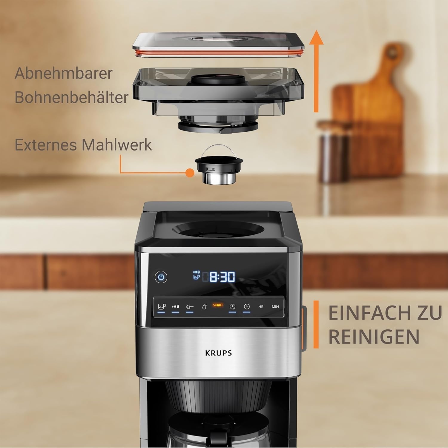 KRUPS Grind Aroma XL Espressokocher, abnehmbares konisches Mahlwerk, digitales Bedienfeld, XL-Kapazität (1,5 l), Warmhaltefunktion, Glaskaraffe, Schwarz/Edelstahl, KM842810