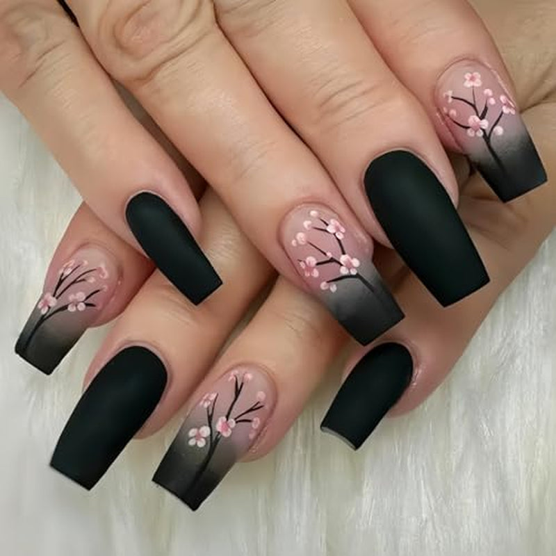 24-teiliges Herbst-Schwarz-French-Press-Nägel, rosa Blume, lange Nägel, zum Aufkleben, künstliche Nägel, Herbst-Kunstnägel-Set mit Zubehör