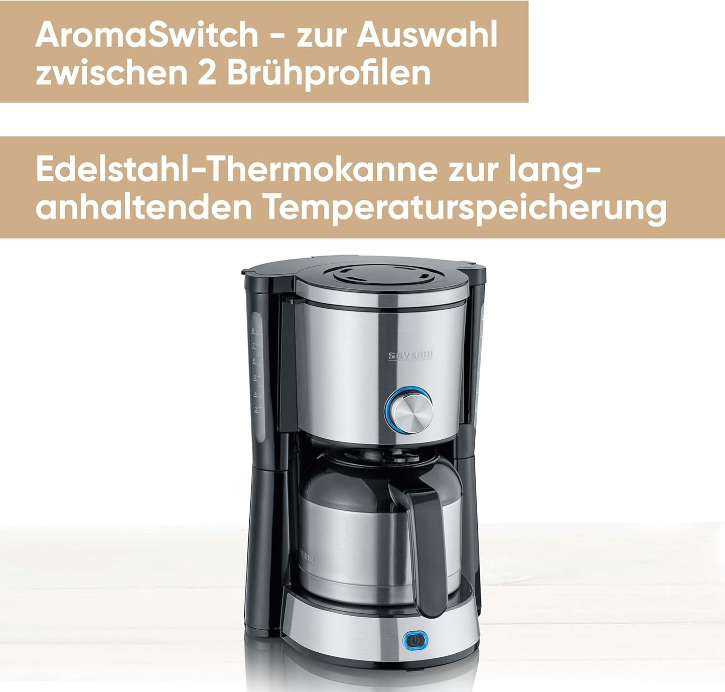 SEVERIN „TypeSwitch“ Espressomaschine mit Thermokaraffe, AromaSwitch zur Wahl zwischen 2 Brühprofilen, Kaffeemaschine für bis zu 10 Tassen, 1000W, Edelstahl gebürstet-schwarz, KA 4845