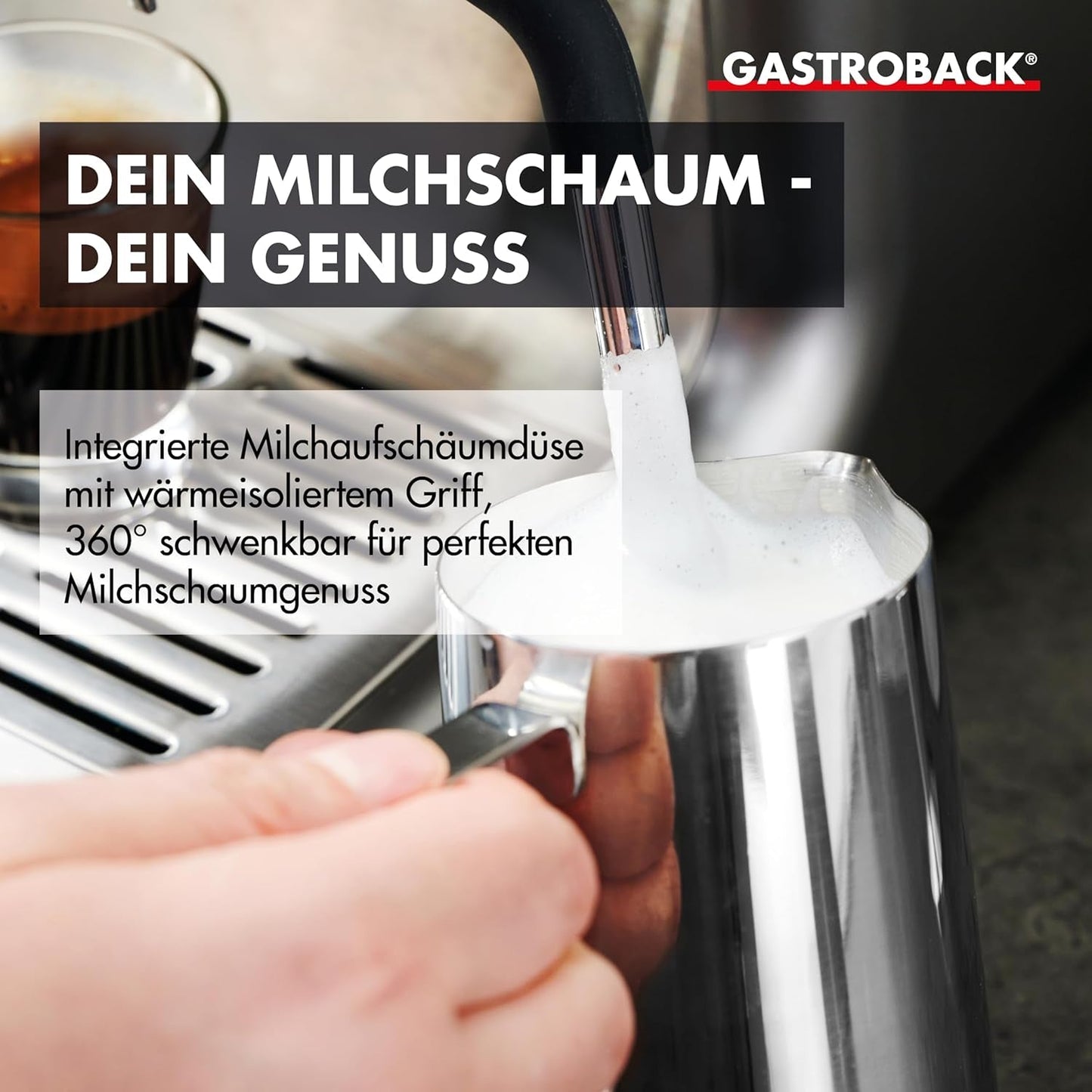 GASTROBACK Espressomaschine mit Mahlwerk inklusive Milchkännchen, Presser und Edelstahl-Siebträger – Barista-Espressomaschine mit Milchaufschäumer – Espressomaschine mit 30 Mahlgradeinstellungen