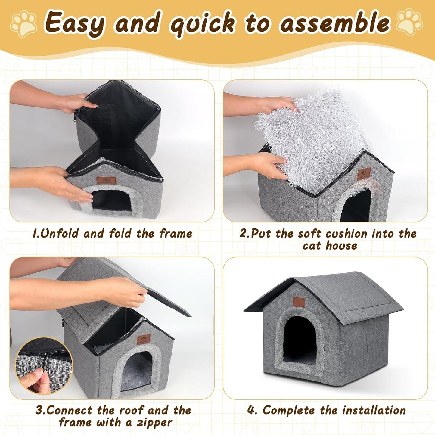 Katzenhaus Outdoor Winterfest, Katzenhöhle, Hundehöhle mit abnehmbarem Plüschkissen, Wasserdichter Wetterfester, Hundehütte Indoor, Hundehaus für Drinnen/Indoor 35x30x35cm (Grau, S)