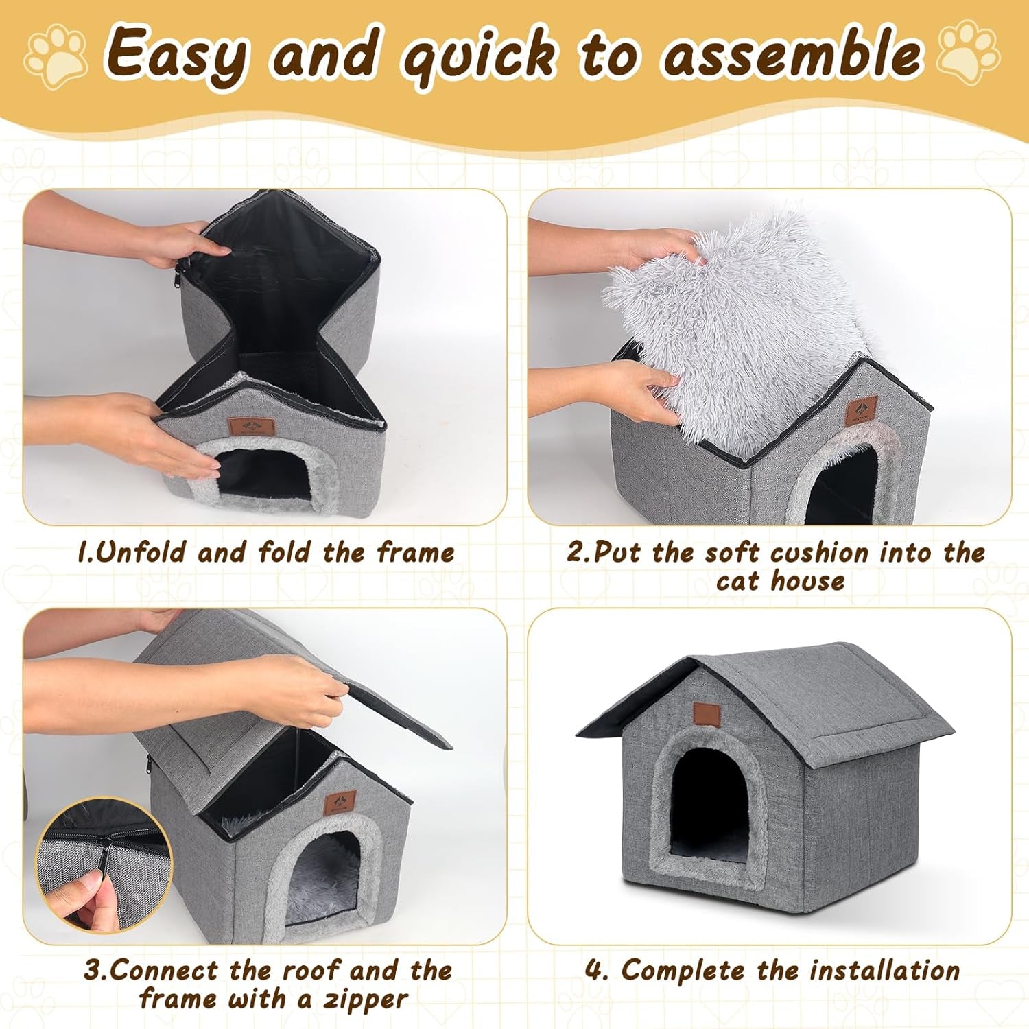 Katzenhaus Outdoor Winterfest, Katzenhöhle, Hundehöhle mit abnehmbarem Plüschkissen, Wasserdichter Wetterfester, Hundehütte Indoor, Hundehaus für Drinnen/Indoor 35x30x35cm (Grau, S)
