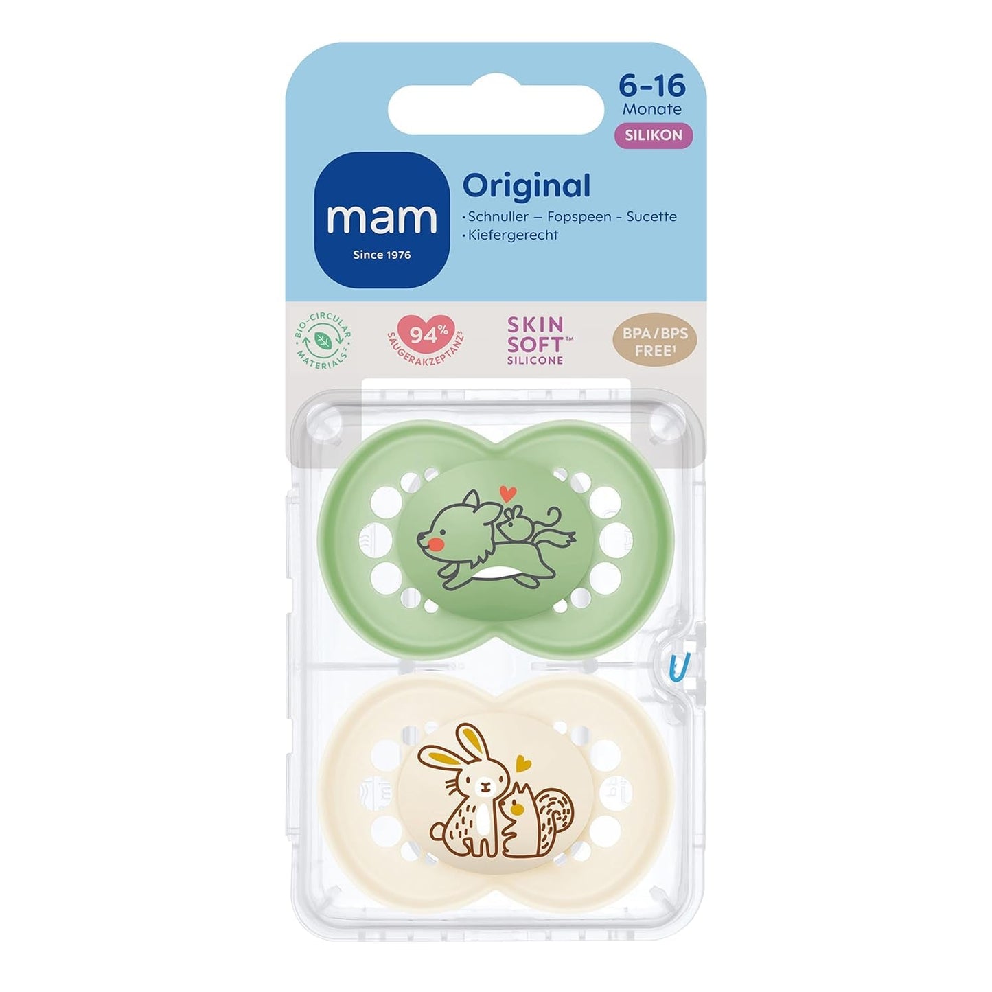 MAM Original Schnuller, 2er-Pack, zahnfreundliche Babyschnuller, aus nachhaltigen und bioregenerierbaren Materialien, MAM SkinSoft Silikonsauger, mit Schnullerbox, 6-16 Monate, Wolf/Kaninchen