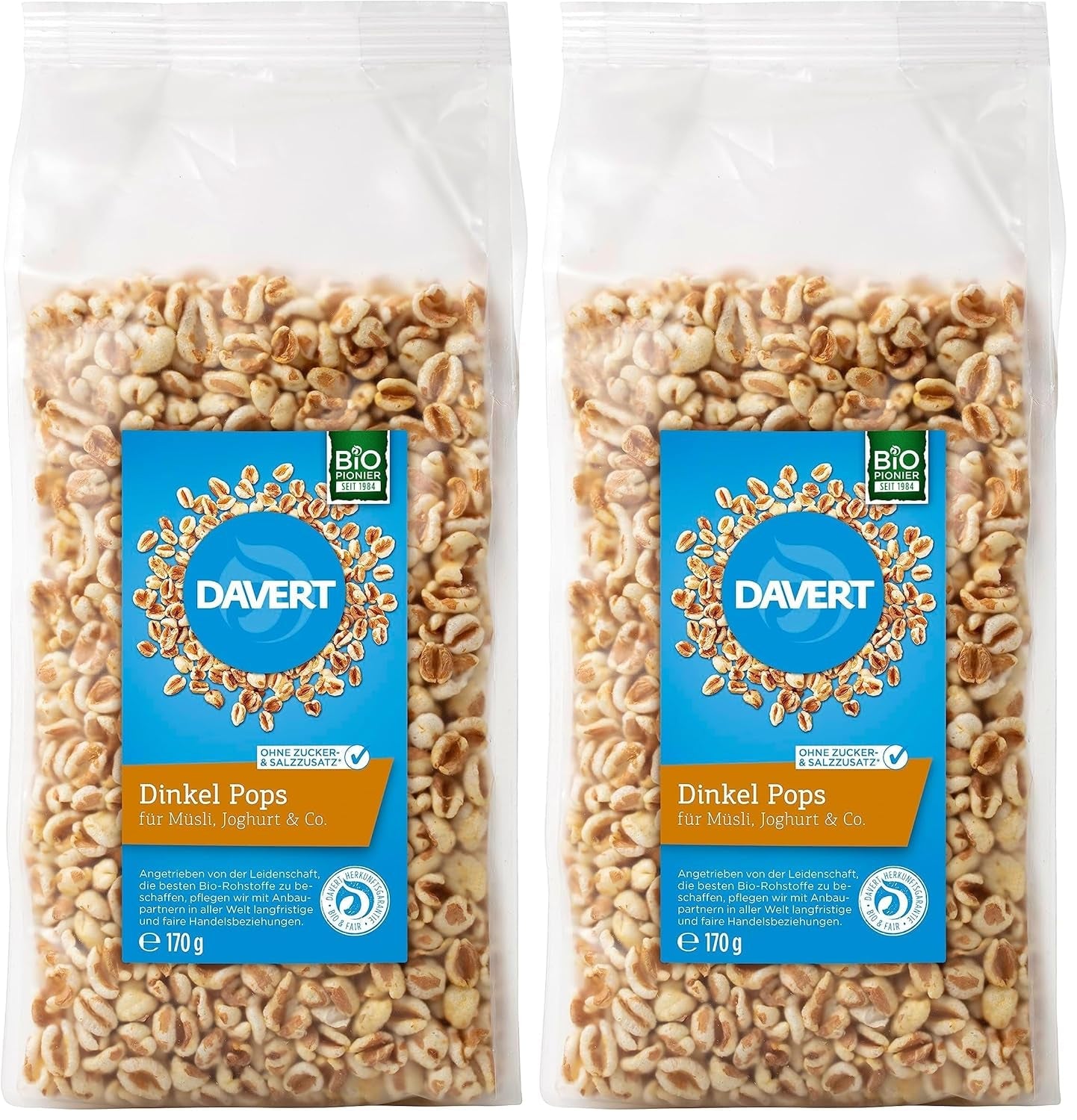 Davert Dinkellutscher 170g – Aromatisierte, luftige und leicht aufgeblähte Dinkelbohnen mit zartem Röstgeschmack – 100% Davert Bio-Qualität (1 x 170g)