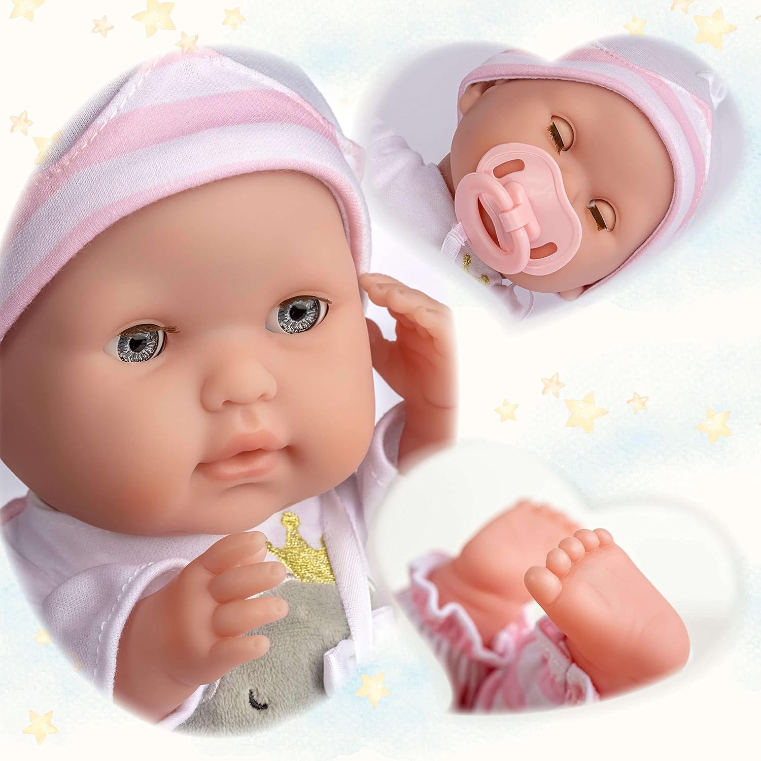 JC Toys – Berenguer Boutique 38 cm weiche, lebensechte Puppe mit offenem/geschlossenem Mund, 10-teiliges Geschenkset, Babyflasche, Rassel, Schnuller und Zubehör, Rosa, ab 2 Jahren
