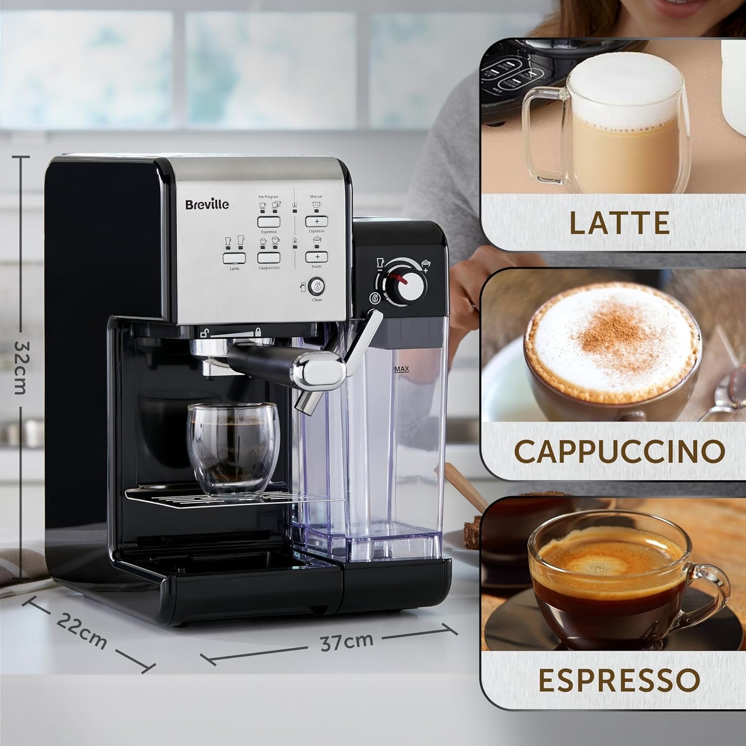 Espresso Breville Prima Latte II | Latte- und Cappuccino-Maschine | Professionelle Pumpe mit 15 bar und Milchaufschäumer | Silber [VCF108X]