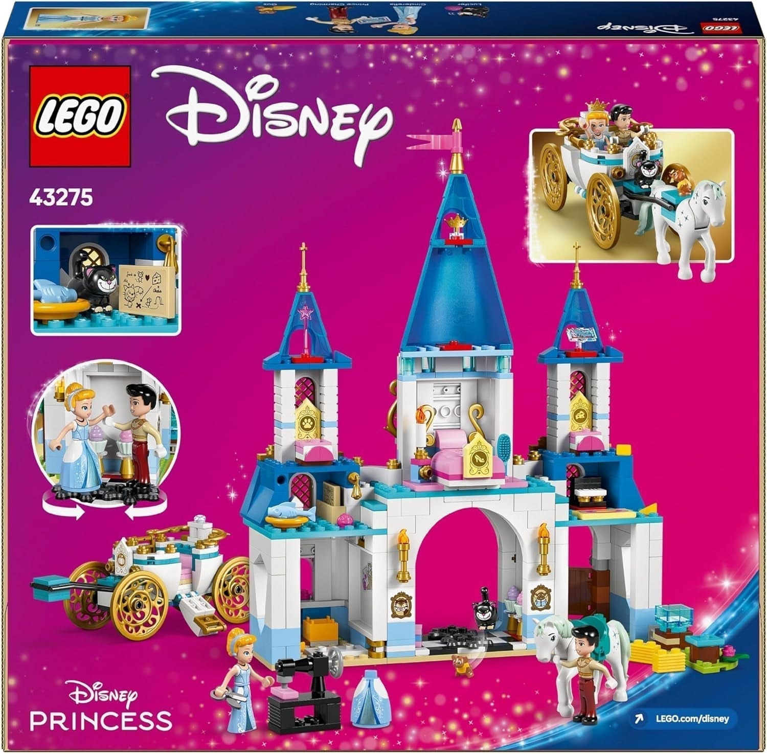 LEGO® Disney Prinzessinnen-Schloss Aschenputtel und Pferdekutsche, Set für Mädchen ab 6 Jahren, fantastisches Spielzeug mit Mini-Puppen Prinzessin Aschenputtel und Prinz Charming, Geschenkidee für Disney-Fans 43275 Bausets Beuche den LEGO-Store