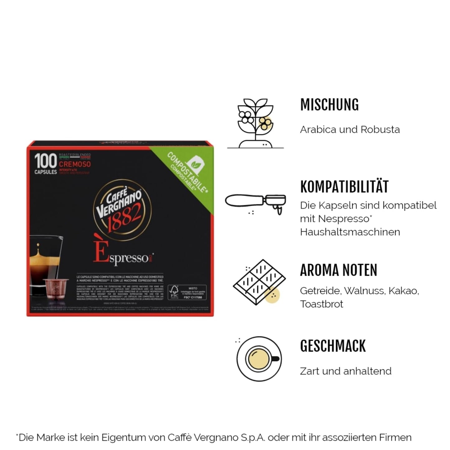 Caffè Vergnano 1882 – Èspresso kompostierbare Kaffeekapseln, kompatibel mit Nespresso, Cremoso (cremig) – Packung enthält 100 Kapseln