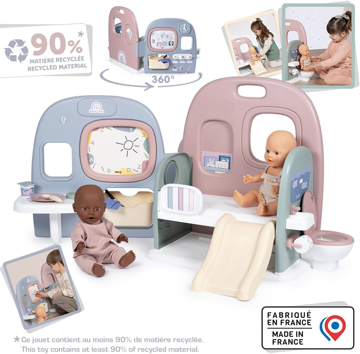 Smoby – Babypflege Puppenkindergarten – Puppenspielzentrum Kindergarten + Kindergarten Alltag – Zusammenklappbarer Spielbereich mit 360°-Drehung – 6 Zubehörteile – Hergestellt aus 90 % recyceltem Material in Frankreich, ab 3 Jahren