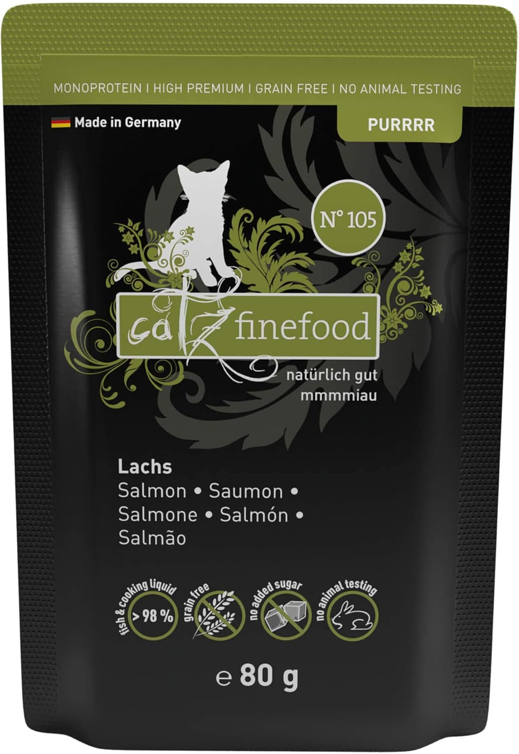 Nassfutter für Katzen Catz Finefood Purrrr mit Monoprotein und Lachs Nr. 105, für Katzen mit empfindlicher Verdauung, 16 x 80 g