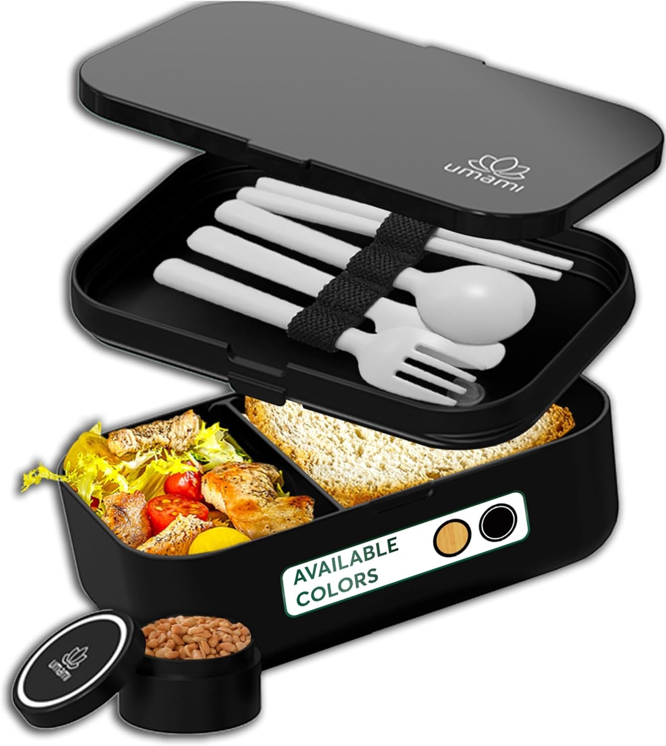 Umami-Lunchbox für Erwachsene, stapelbare Bento-Box mit 4 Besteck und Fächern, Lunchbox für Erwachsene, To-go-Salatbehälter, Picknick-/Büro-Lunchbox, Anthrazitgrau, 1500 ml. Naty Shop Lebensmittelaufbewahrungsboxen Full Black M – 900/1000 ml