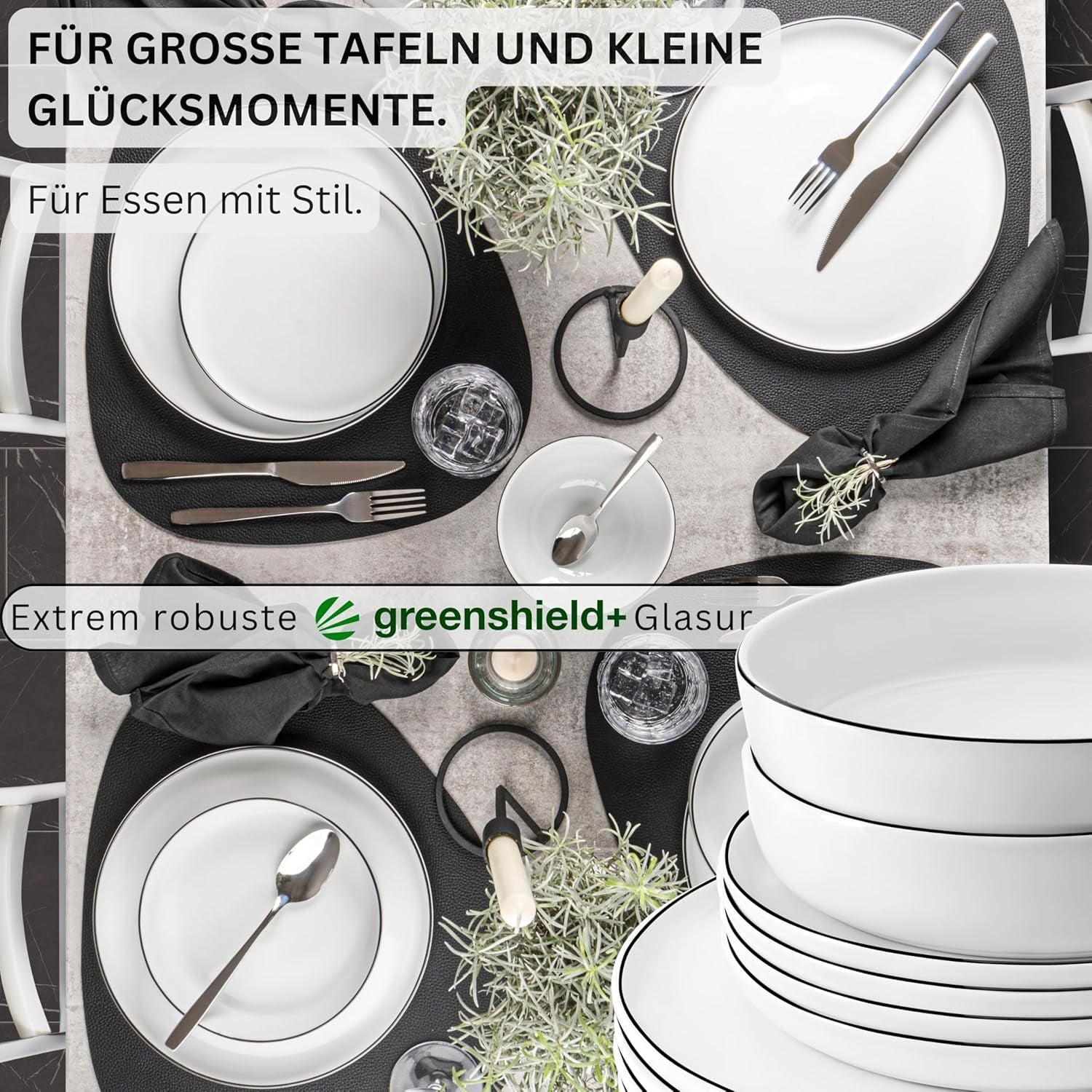 SANGER | Marlo Geschirrset mit schwarzem und weißem Rand, 18-teiliges Porzellangeschirrset für 6 Personen, Weiß mit schwarzen Akzenten, Speiseteller, Dessertteller und Schüsseln, modernes Design | DIE PREMIUM-KOLLEKTION