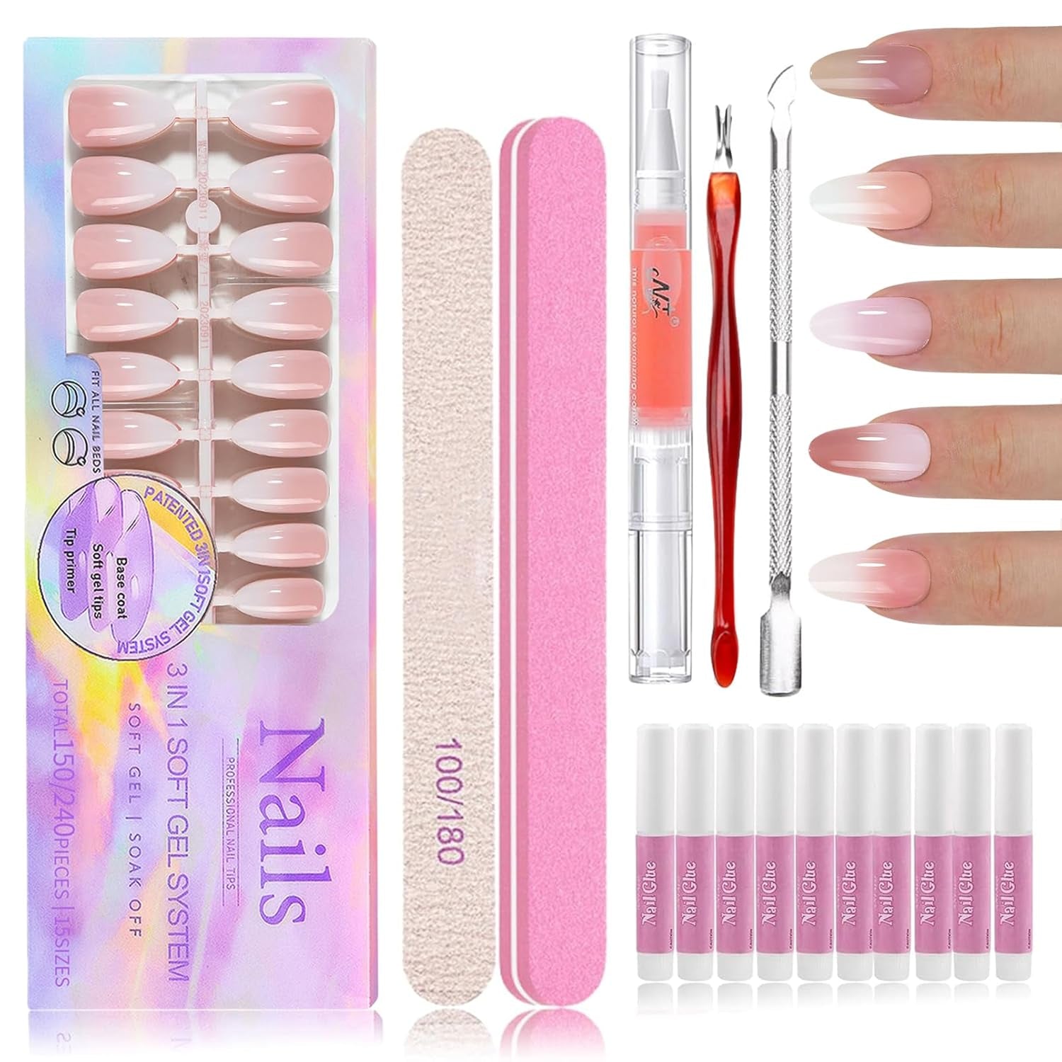 150-teiliges Kunstnägel-Set mit Farbverlauf – 5 Farben, Ombre-Design, selbstklebende künstliche Nägel – vollständige Abdeckung für Frauen und Mädchen – glänzende künstliche Nägel für DIY-Maniküre (quadratisch)
