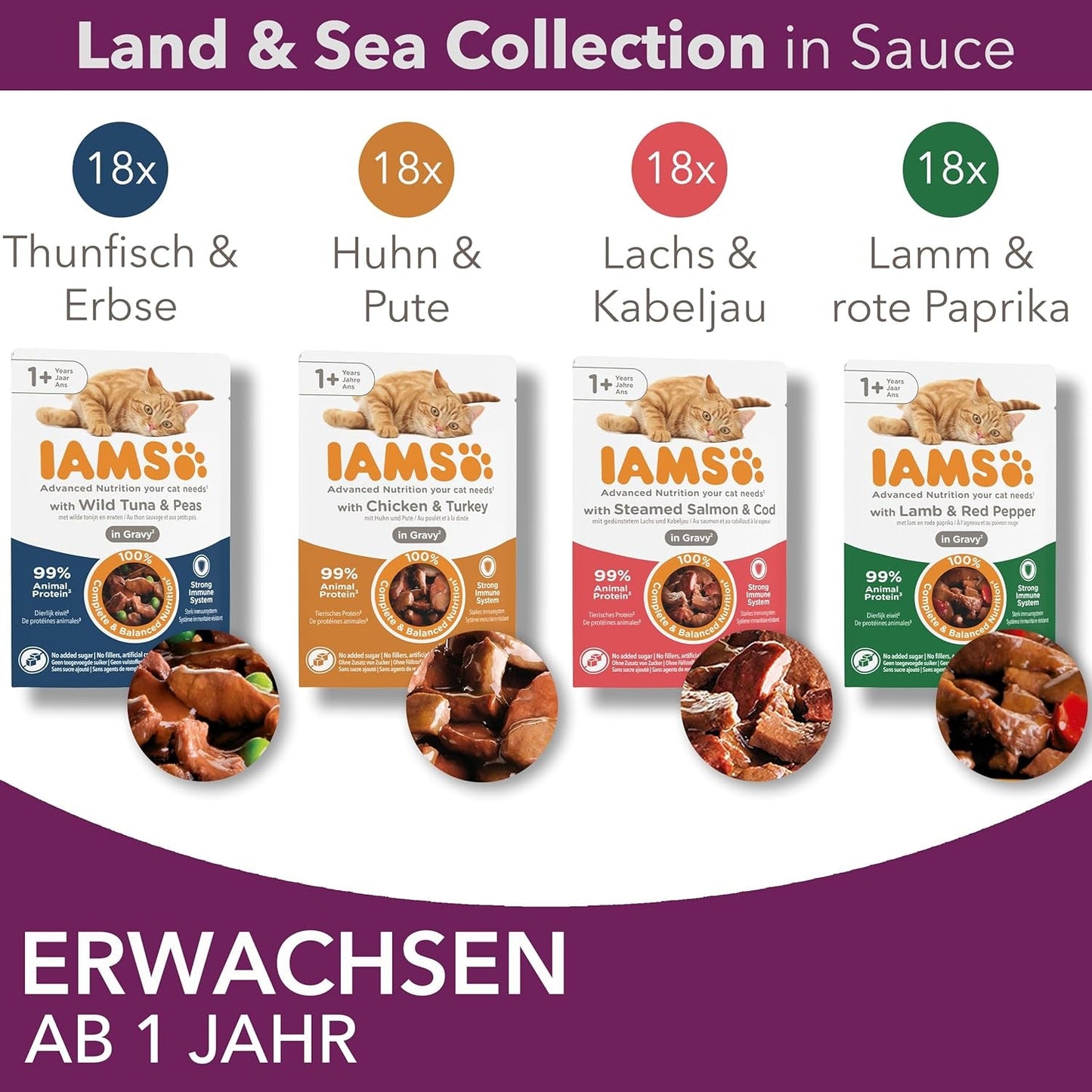 IAMS Delights Land & Sea Collection Nassfutter für Katzen – Fleisch- und Fischsortiment, Multipack in Soße, Nassfutter für Katzen ab 1 Jahr, 72 x 85 g