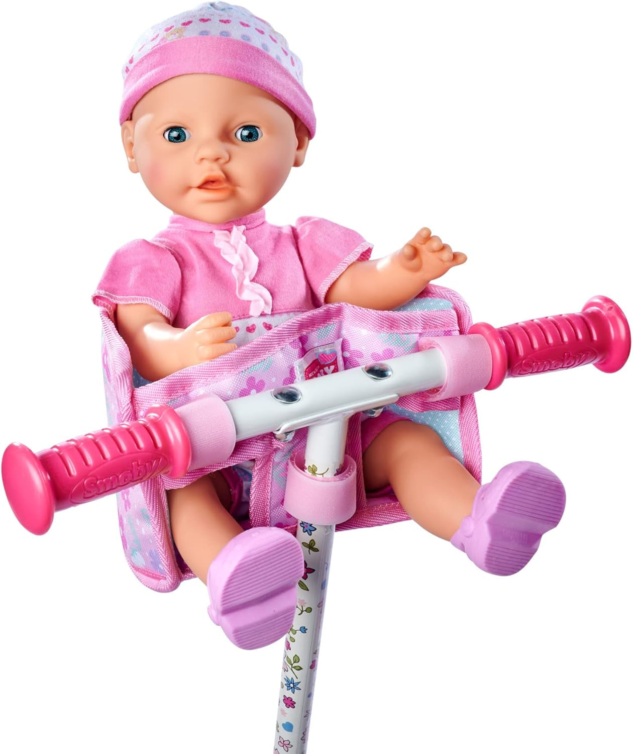 Simba 105560018 – Fahrradsitz für Neugeborene mit Gürtel, Puppenzubehör, Stoffsitz, Sicherheitsgurt, Klettverschluss-Lenker, für 30–43 cm große Puppen, ab 3 Jahren