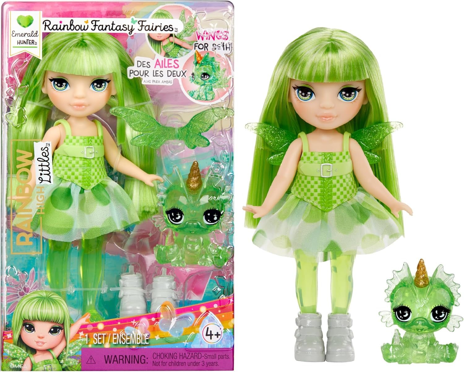 Rainbow High Littles Regenbogen-Fantasie-Fee und Haustier – Smaragd, Grün – 14 cm bewegliche kleine Fantasy-Drachenpuppe mit austauschbaren Feenflügeln, süßes Geschenk für Kinder ab 4 Jahren