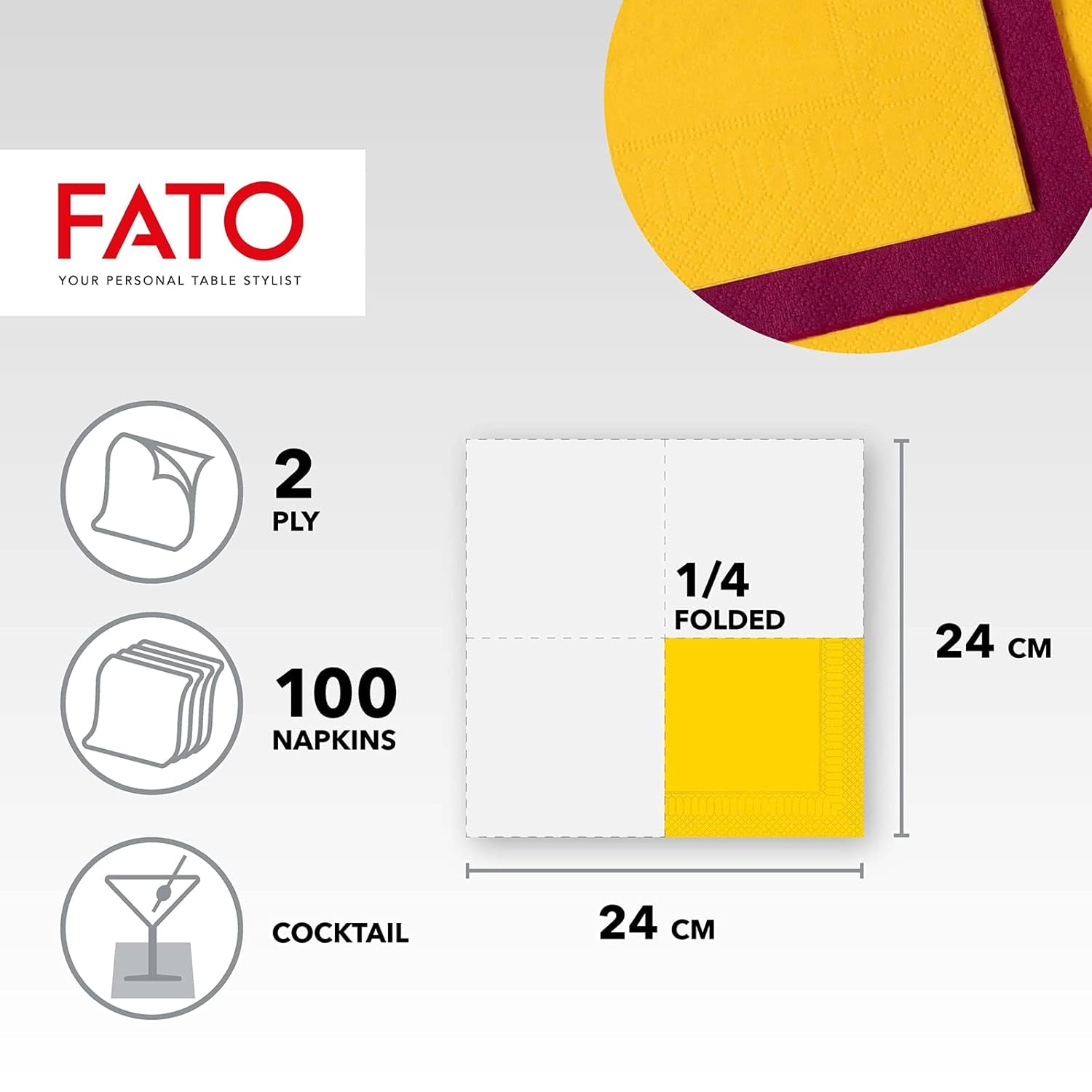 , Einweg-Papierservietten, ideal für Vorspeisen und Cocktails, Packung mit 100 Servietten, Größe 24 x 24, 4-lagig, 2-lagig, gelb, 100 % reines Zellulosepapier, FSC-zertifiziert (3er-Pack)