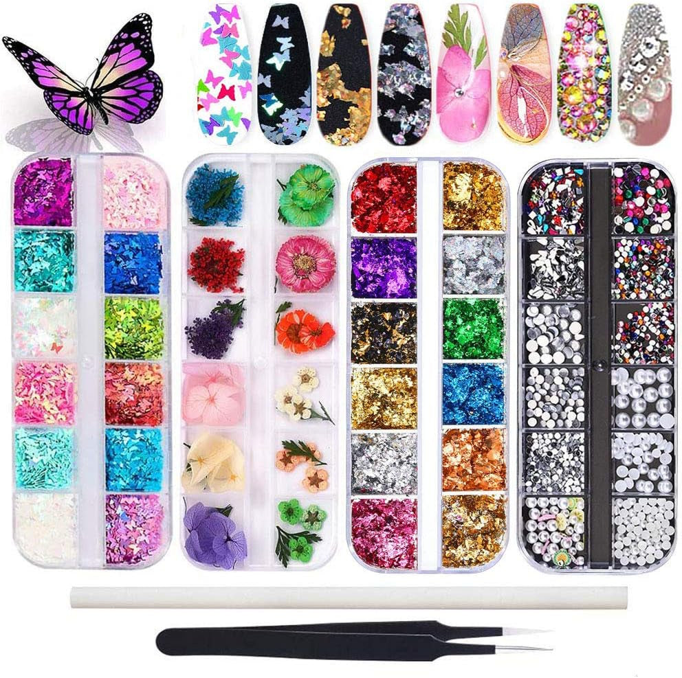 Kalolary Getrocknete Blumen für Nägel, Schmetterlings-Pailletten, Nagellack, Folie, Nagelaufkleber, Pinzette, Nagelsteine, Nagel-Strasssteine, Bleistift für 3D-Nageldesign, DIY-Dekorationen