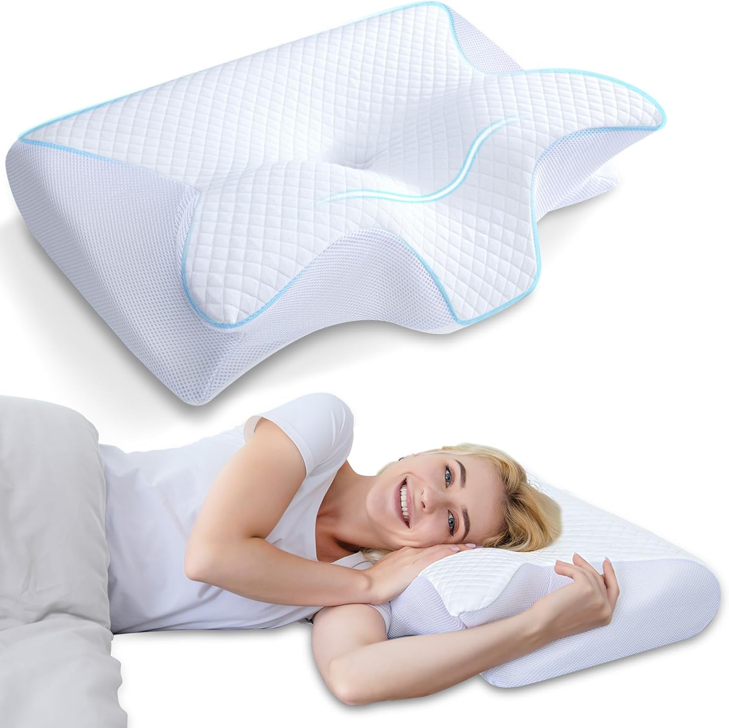 HOMCA Nackenkissen, orthopädisches Kissen, 2-in-1-Memory-Schaum-Kissen, Nackenstützkissen, ergonomisches Kopfkissen für Rücken-, Seiten- und Bauchschmerzen, 60 x 13/11 x 40 cm, orthopädische Nackenkissen, Naty Shop, Weiß