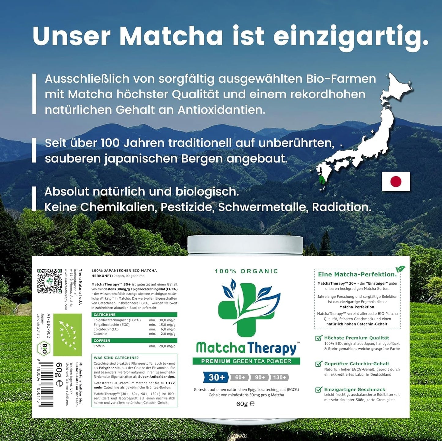 Matcha-Therapie 30+ | Bio-Matcha-Teepulver | 60 g | Mit einem nachgewiesenen Gehalt von mindestens 30 mg/g Catechin EGCG | Unterstützt das Immunsystem und das Energieniveau | Zeremonielle Qualität | Grüner Tee aus Japan