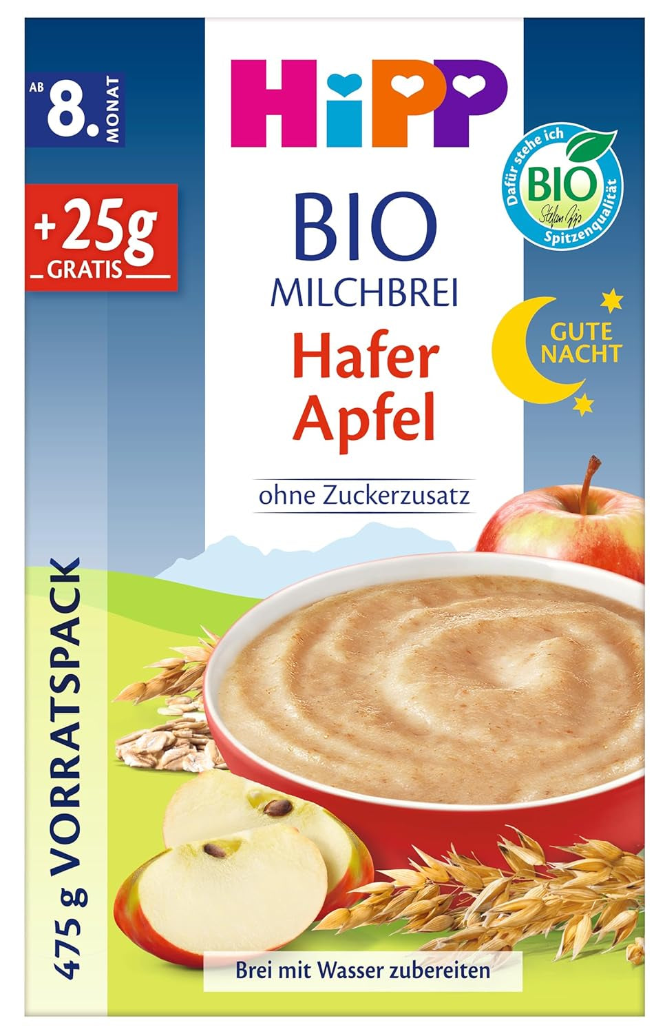 HiPP Gute Nacht Haferflocken mit Äpfeln und Bio-Hafermilch (4 x 475g), ab 8 Monaten, ohne Zuckerzusatz, mit Bio-Vollkorn und Bio-Früchten, in bester Bio-Qualität