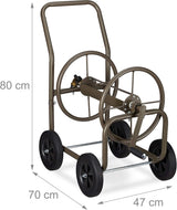 Relaxdays XL Schlauchwagen, mobile Schlauchtrommel, Metall, für 60 m Schlauch, 4 Räder, mit Kurbel, 90°-Rolle, braun