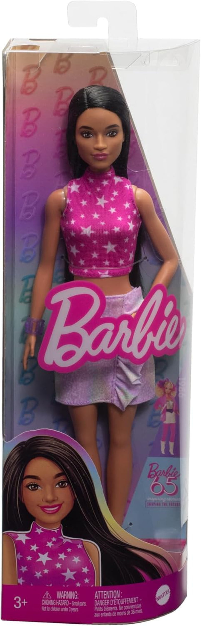 Barbie Fashionistas Puppe Nr. 215 mit glattem schwarzem Haar, rosafarbener Bluse mit Sternenmuster und schillerndem Rock, Modepuppe zum 65-jährigen Jubiläum, HRH13