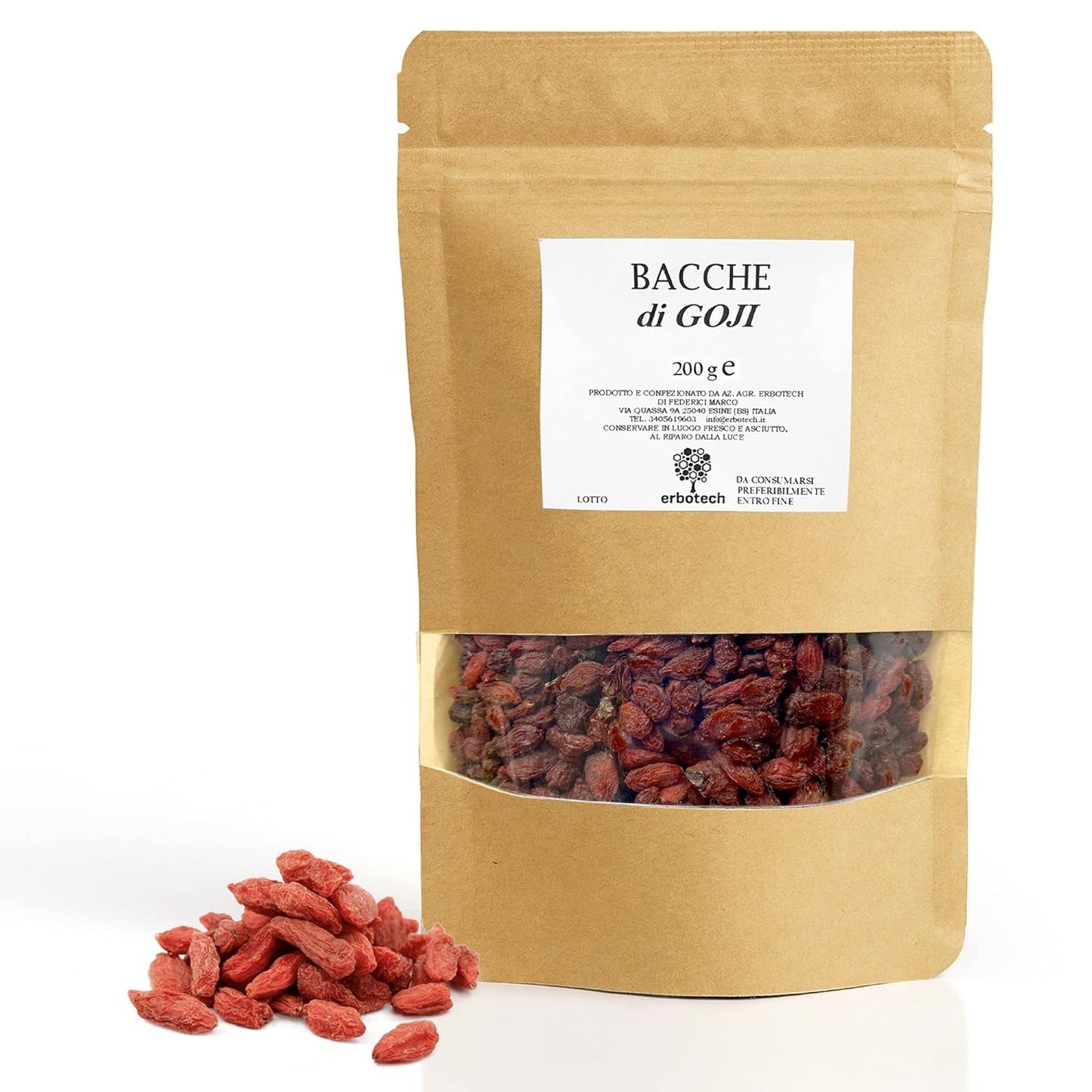 ERBOTECH Goji-Beeren 200 g, Goji-Beeren mit hohem Vitamingehalt, getrocknete Früchte ohne Zucker und Schwefel, natürliche und energiereiche Superfoods, hergestellt in Italien. Dehydrierte Produkte Naty Shop 200 g