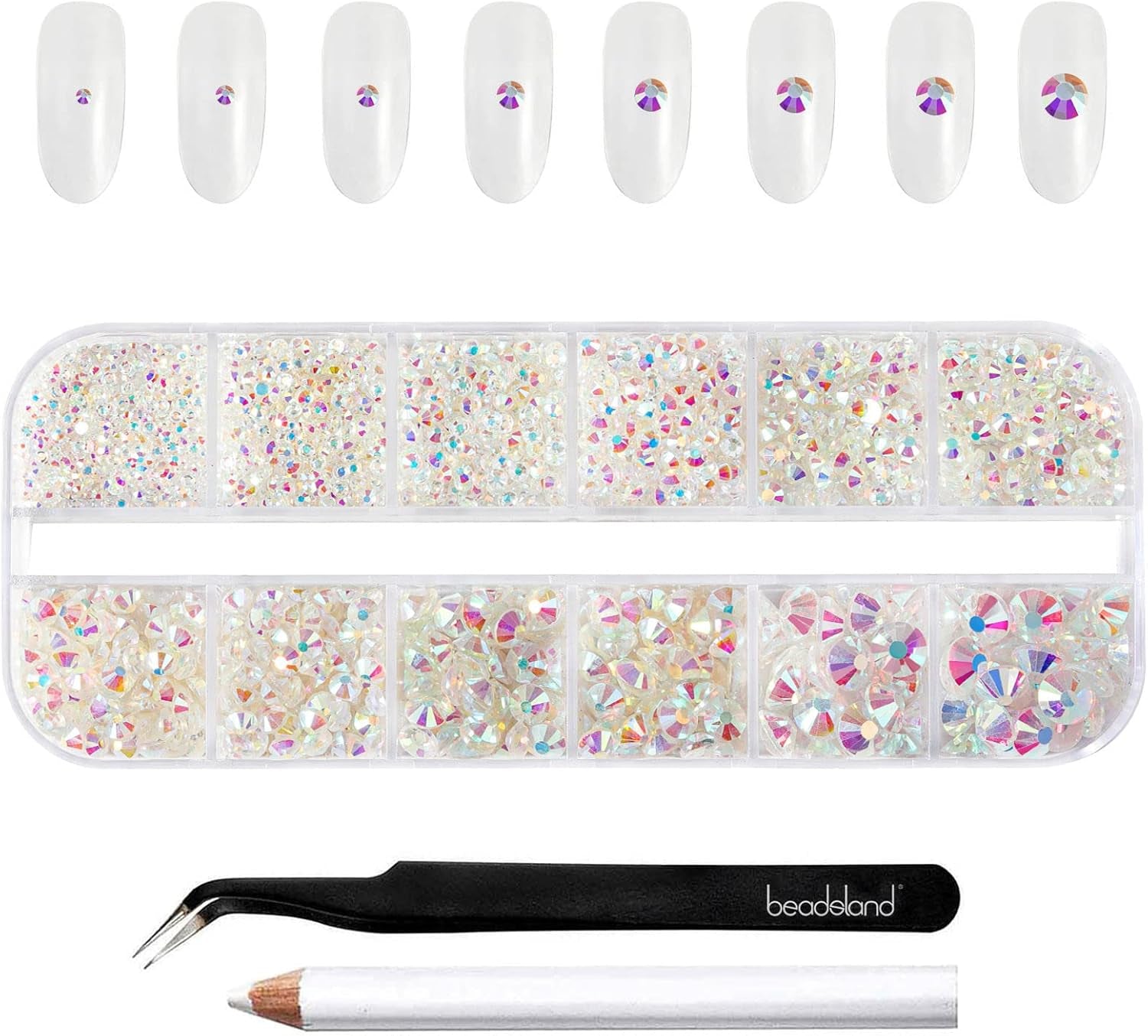 Beadsland 2500 Stück Glas Nailart Strasssteine ​​​​Kristall Flatback Edelsteine ​​​​Runde, ​​Für Handwerk Gemischt 8 Größen SS4 ~ SS30 Mit Picking Pinzette Und Stift (Kristall Weiß)