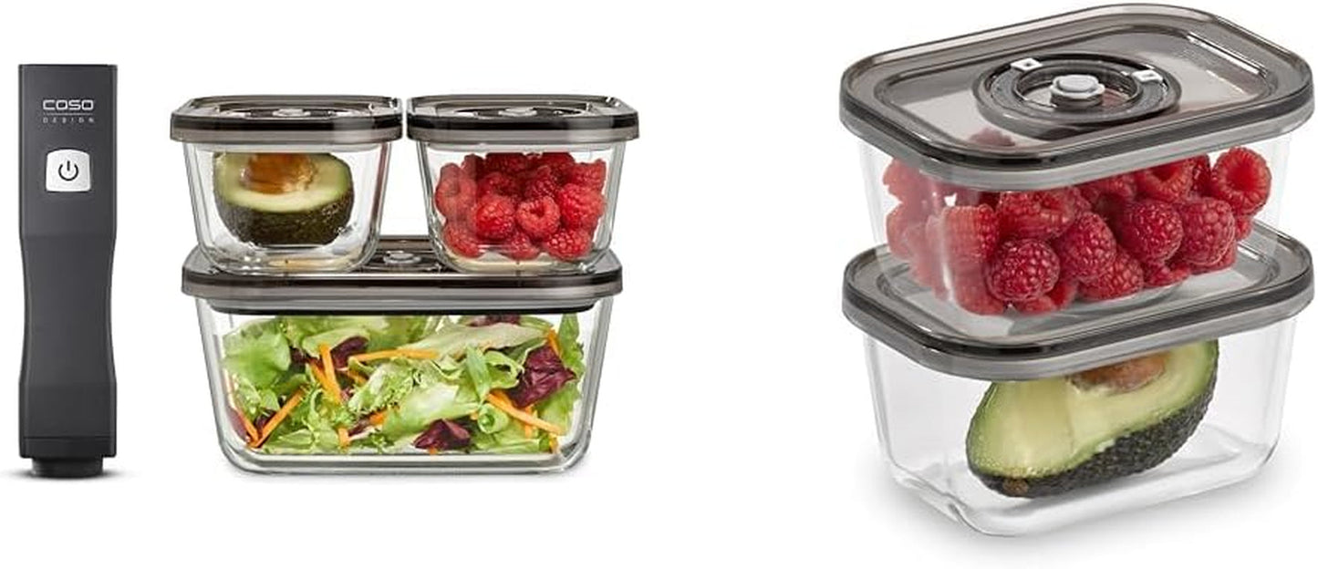Caso Vacu OneTouch Eco Set, manuelles Vakuumiergerät, inklusive 3 Glas-Vakuumbehälter und VacuBoxx Eco-Duo S – Vakuum-Frischebehälter / 2 Behälter mit je 500 ml Frischhaltedosen Naty Shop Standardtitel